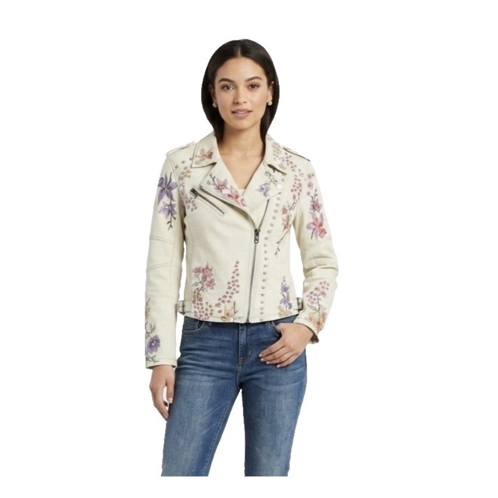 V Cristina Womens Jacket Size Medium Beige Embroidered Floral Stretch Moto Biker